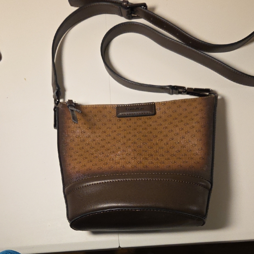 Calvin Klein CK Monogram Mini Shoulder Bag Brown Logo Zip Pouch Purse - Picture 3 of 8